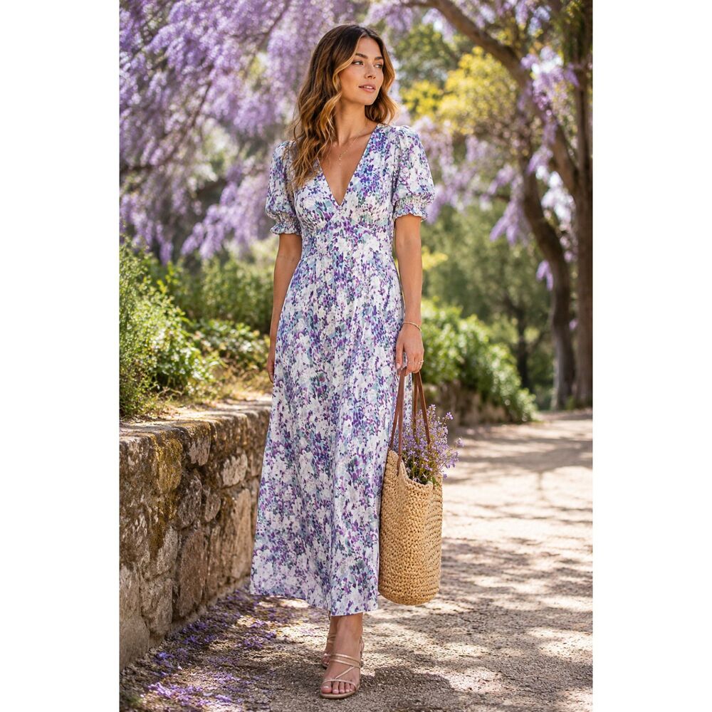 A New Day Floral Maxi Dress Womens XS Purple Teal Easter Bloomcore Spring Chic